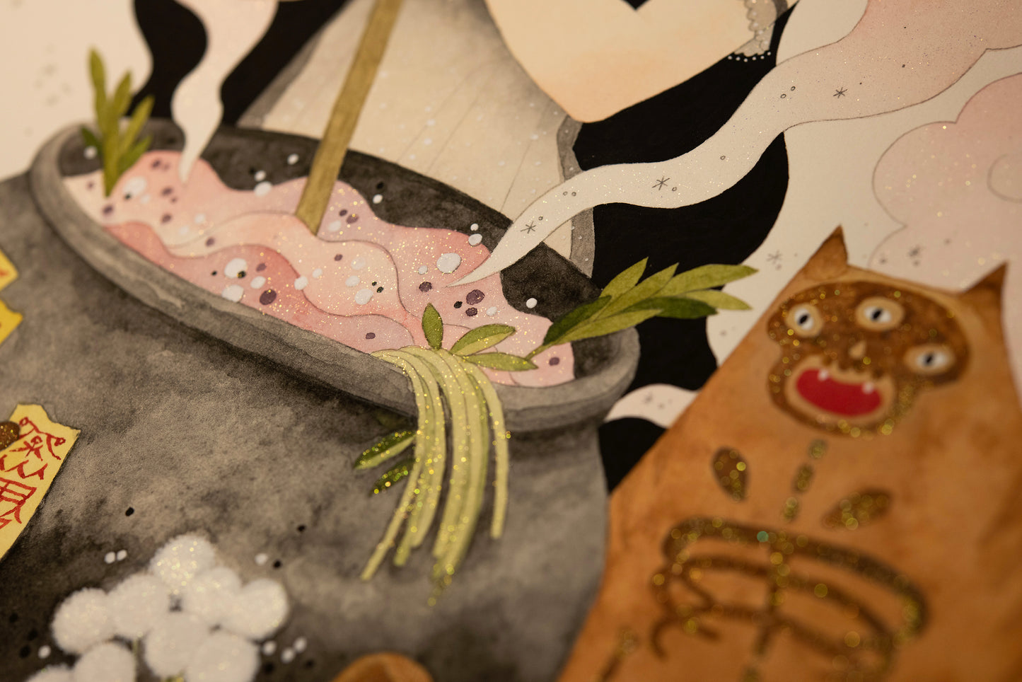'LOVE POTION AND SKELETON CATS' ORIGINAL WATERCOLOR