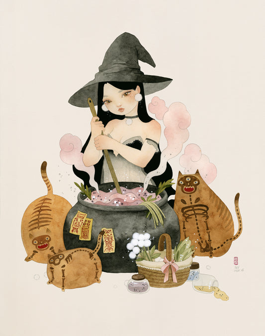 'LOVE POTION AND SKELETON CATS' ORIGINAL WATERCOLOR